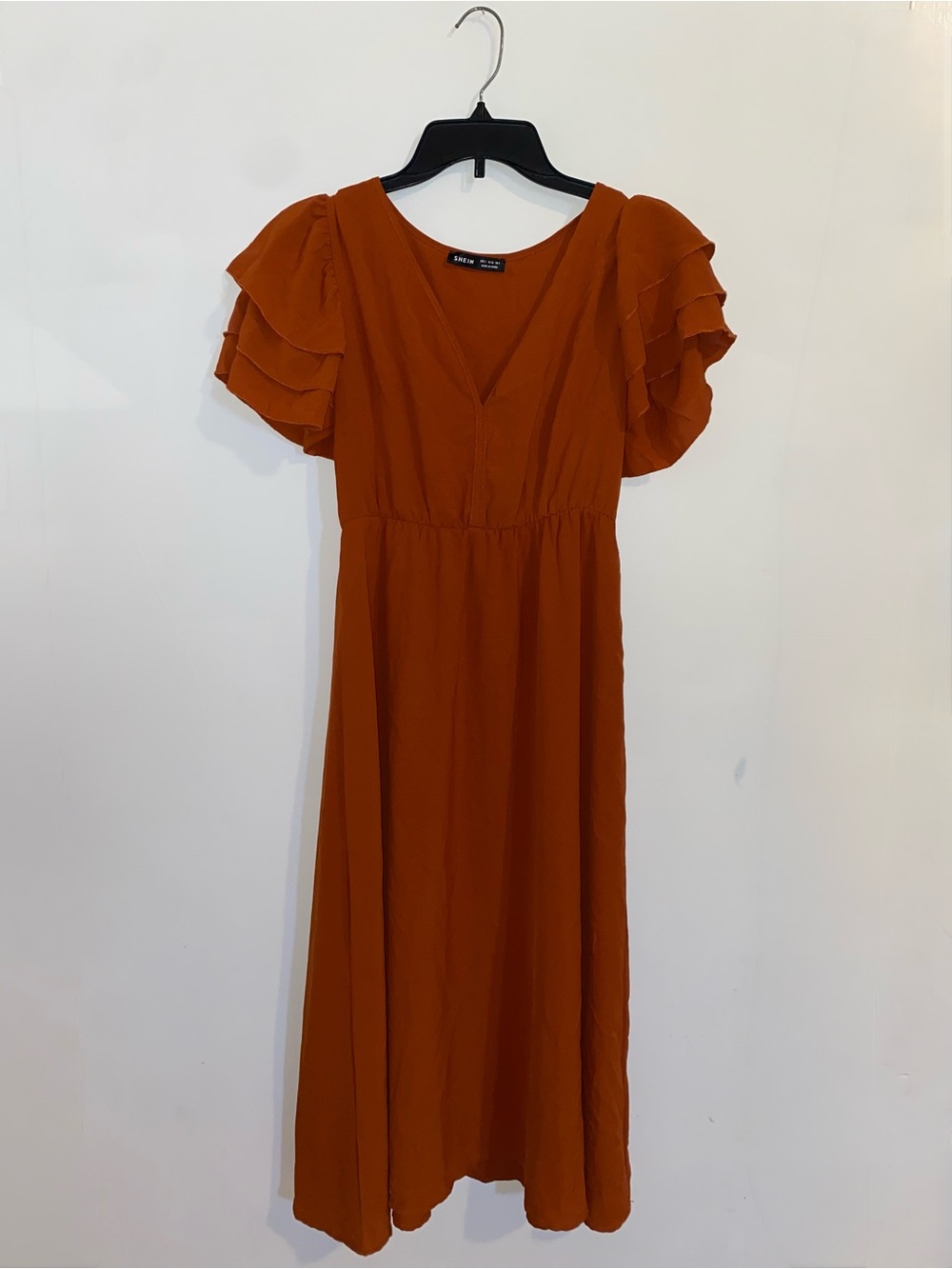 SHEIN Rust Orange Maxi Dress with Layered Flutter Sleeves